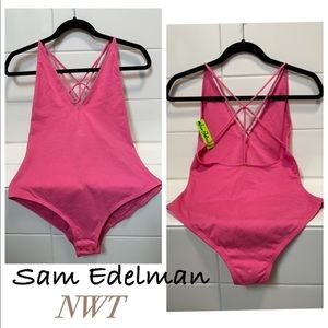 NWT pink plunge bodysuit Carmine rose strappy back SAM EDELMAN L or S